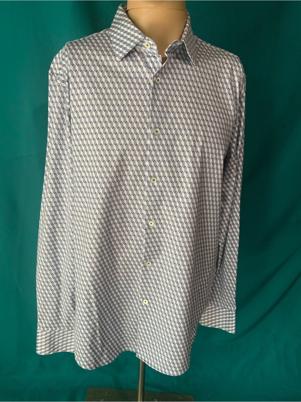 Bugatchi White and Blue Geo-Print Long Sleeve Dress Shirt